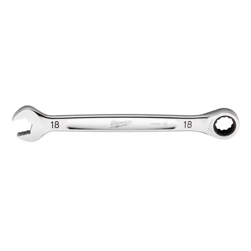 Ratcheting Combination Wrench, Metric, 18 mm Head, 9.55 in L, 12-Point, Steel, Chrome