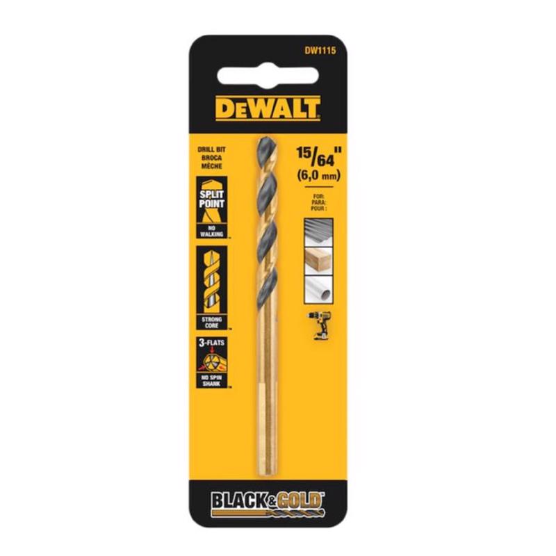 DEWALT DW1115 Jobber Drill Bit, 15/64 in Dia, 3-7/8 in OAL, Parabolic Flute, 15/64 in Dia Shank, Round Shank Black Oxide