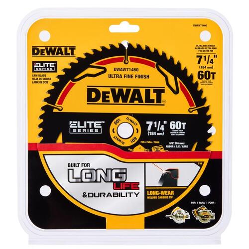 DEWALT ACCESSORIES DWAW71460 Circular Saw Blade Elite 7-1/4" D X 5/8" Tungsten Carbide Tipped 60 teeth Ultra Fine