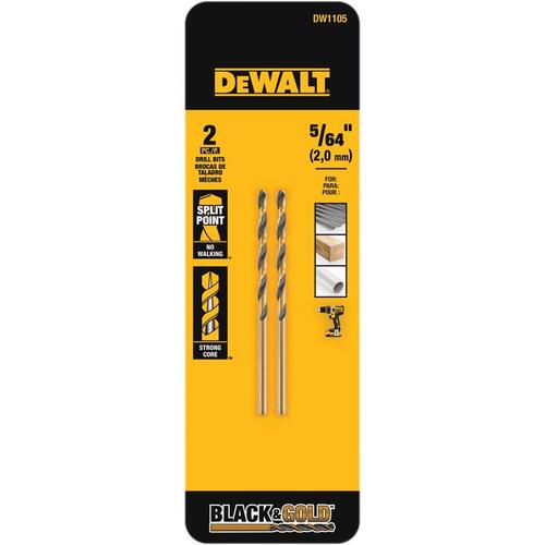 DEWALT DW1105 Jobber Drill Bit, 5/64 in Dia, 2 in OAL, Parabolic Flute, 5/64 in Dia Shank, Round Shank Pair Black Oxide