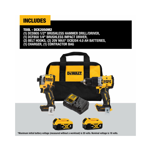 Cordless Combo Kit, Battery Included, 4 Ah, 20 V, Lithium-Ion Black/Yellow