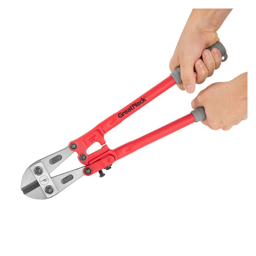 Forged steel Vinyl grip for firm hold Short cutting edge to accommodate chain links Black, Red