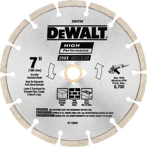 DEWALT DW4784 Segmented Rim Diamond Saw Blade HP 7" D X 5/8 and 7/8" Steel Gray