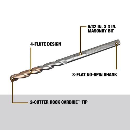 Hammer Drill Bit, 5/32 in Dia, 3 in OAL, 4-Flute, Flat Shank