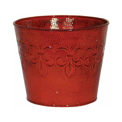 Metal Planter, Fleur De Lis Pattern, Cayenne Red, 8 In.