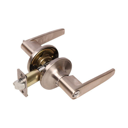 Olympic Lever with Round Rose Keyed Entry Lockset Grade 3 with KW1 Keyway Satin Nickel Finish