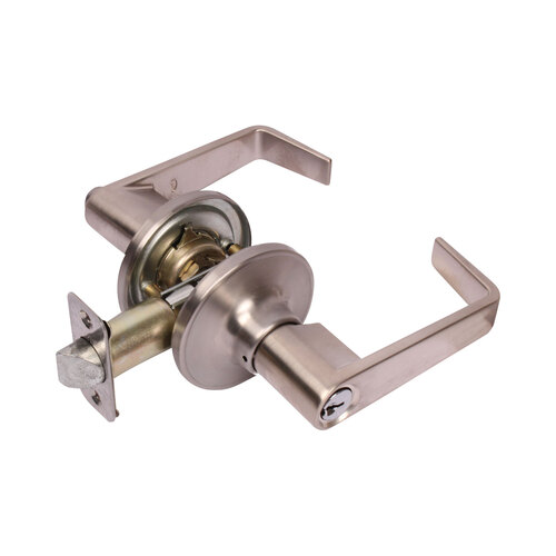 Calypso Lever with Round Rose Privacy Lockset with ADA Pushbutton Grade 3 Satin Nickel Finish