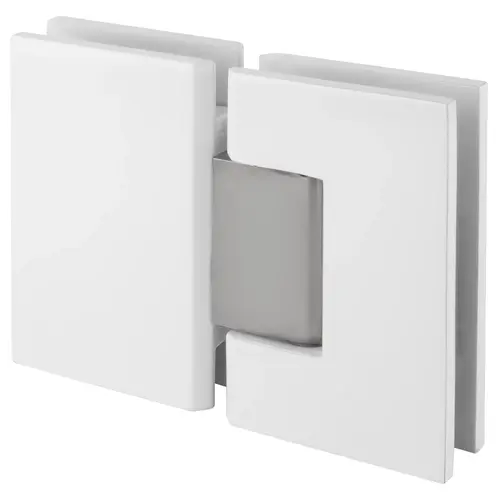 White with Chrome Center Block Junior Geneva 180 Series 180 Degree Glass-to-Glass Hinge