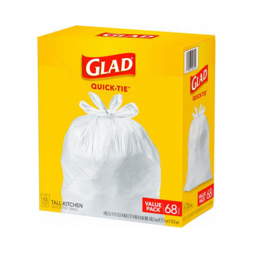 Tall Kitchen Trash Bag, 13 gal Capacity, LLDPE, White - pack of 68