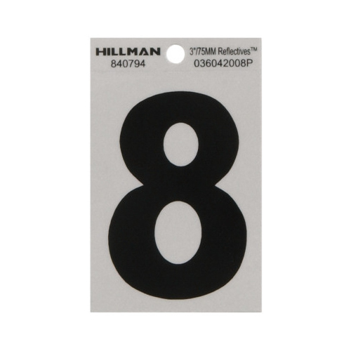 Number 3" Reflective Black Mylar Self-Adhesive 8 - pack of 6