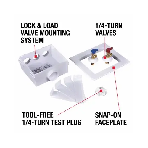 Quadtro Washing Machine Outlet Box, 1/2 in Connection, Brass/Polystyrene, White