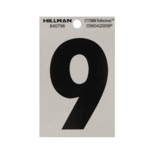 Number 3" Reflective Black Mylar Self-Adhesive 9 - pack of 6