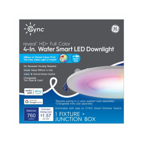 Cync LED Full Color Canless Smart Downlight, Wafer Shape, 760 Lumens, Dimmable, 14 Watts, 4-In. Round