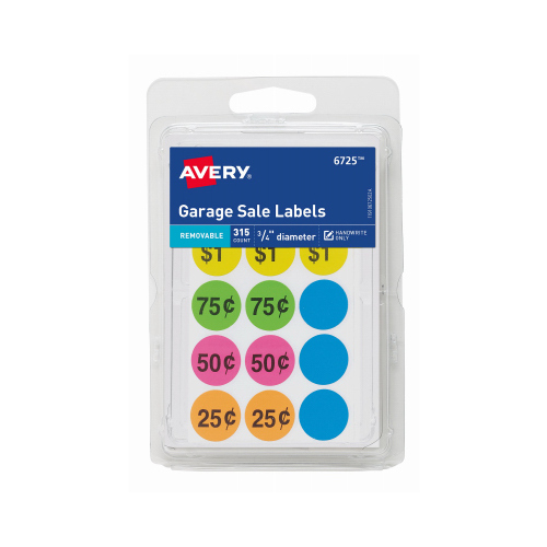 Avery 06725 Garage Sale Labels, Assorted Neon Colors, Round, .75-In., 315-Ct.