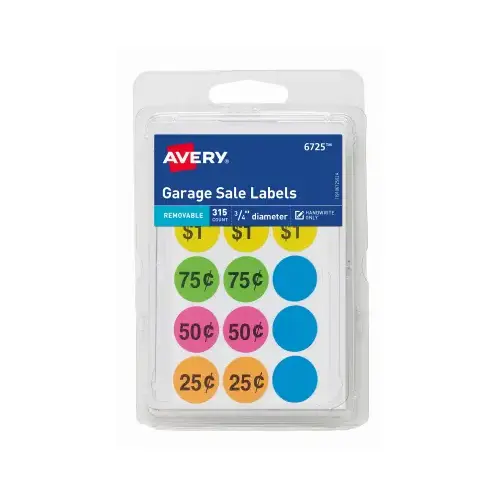 Avery 06725-XCP6 Garage Sale Labels, Assorted Neon Colors, Round, .75-In., 315-Ct. - pack of 6