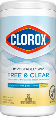 CLOROX 32485 Cleaning Wipes, Compostable, Simply Lemon Scent, 75-Ct.