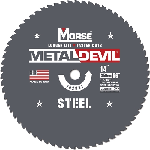 Morse CSM1466FSC Metal Devil 102841 Circular Saw Blade, 14 in Dia, 1 in Arbor, 66 -Teeth, Applicable Materials: Iron, Steel