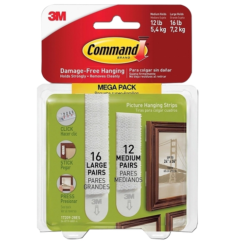 Command 17209-28ES Medium and Large Picture Hanging Strip, 12, 16 lb, Plastic, White - pack of 28