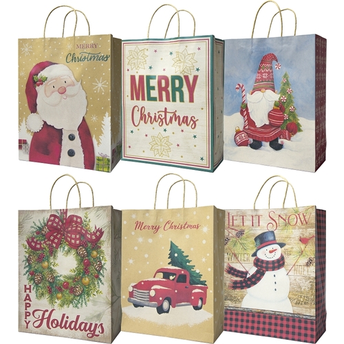 X-Large Kraft Vertical Gift Bag, 11-1/2 in W, 14-1/2 in H, Kraft Paper, Festive - pack of 60