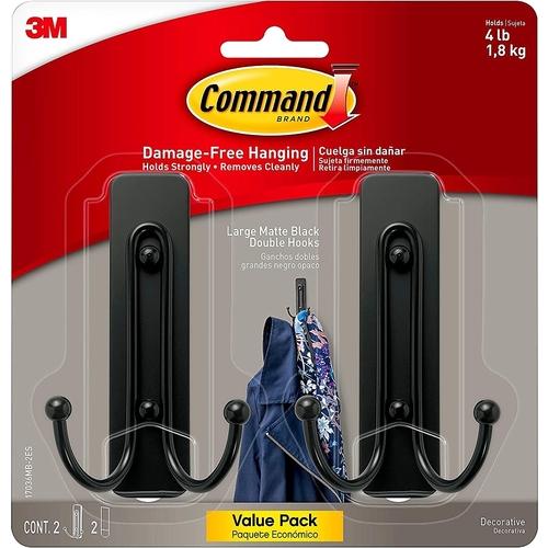 Command 17036MB-2ES Large Decorative Hook, 4 lb, 2-Hook, Metal/Plastic, Matte Black - pack of 4