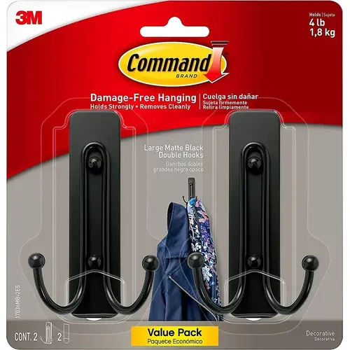 Large Decorative Hook, 4 lb, 2-Hook, Metal/Plastic, Matte Black - pack of 4