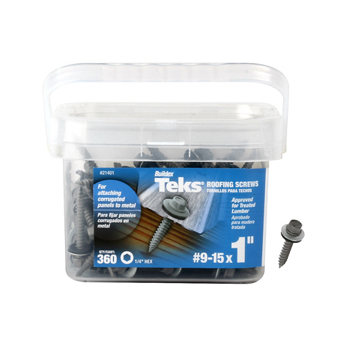 Teks 21401 Roofing Screw, #9 Thread, Hex Drive, Self-Tapping, Sharp Point, Steel, Metallic - pack of 360