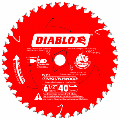 Diablo D0641X Circular Saw Blade, 6-1/2 in Dia, 5/8 in Arbor, 40-Teeth, Carbide Cutting Edge Perma-Shield