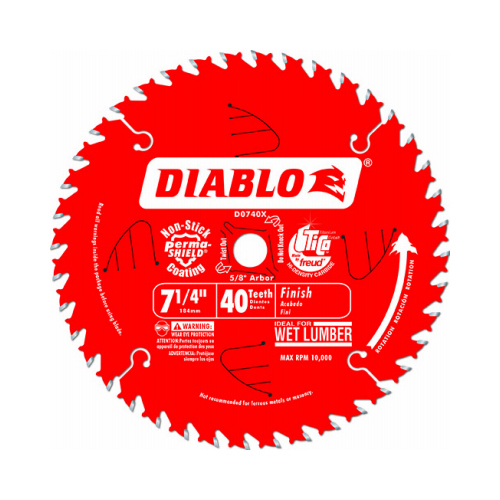 Circular Saw Blade, 7-1/4 in Dia, 5/8 in Arbor, 40-Teeth, Carbide Cutting Edge