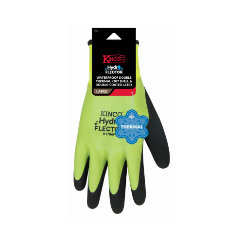 HYDROFLECTOR 1786P-L Waterproof Protective Gloves, Men's, L, Knit Wrist Cuff, Latex Coating, Acrylic Glove, Black/Green Pair