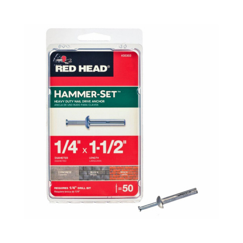 Red Head 35303 Hammer-Set Anchor, 1/4 in Dia, 1-1/2 in L, Steel, Zinc - pack of 50