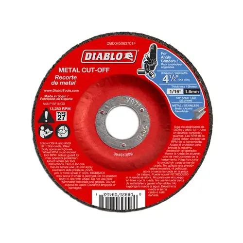 Cut-Off Wheel, 4-1/2 in Dia, 1/16 in Thick, 7/8 in Arbor, Aluminum Oxide Abrasive