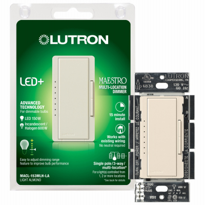 Lutron MACL-153MLH-LA Maestro C.L Dimmer, 1.25 A, 120 V, 150 W, CFL, Halogen, Incandescent, LED Lamp, 3-Way, Almond