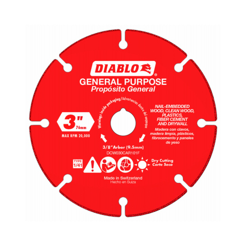 Cut-Off Wheel, 3 in Dia, 1.8 mm Thick, 3/8 in Arbor, Carbide Abrasive