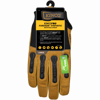 Kinco 2035-L Padded Gloves Foreman Men's Indoor/Outdoor Pull-Strap Black/Tan L Black/Tan