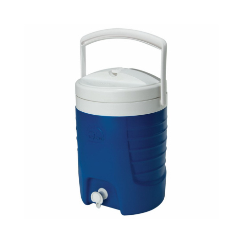 Water Jug, 2 gal Cooler, Pushbutton Spigot, Majestic Blue/White