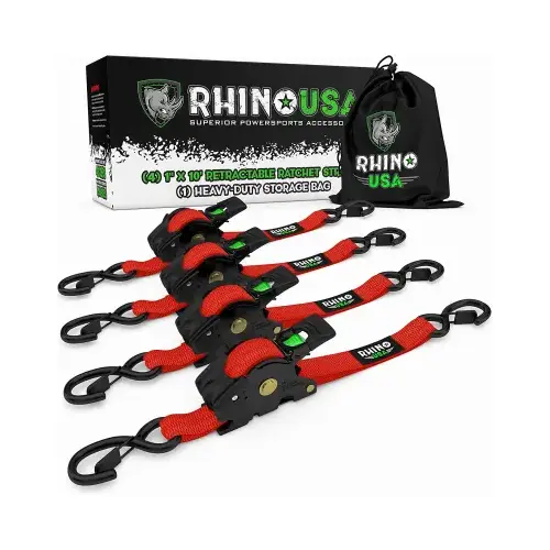 Rhino USA TD-RSRE1X10-RED-R Retractable Ratchet Straps, Red, 1 In. x 10 Ft - pack of 4