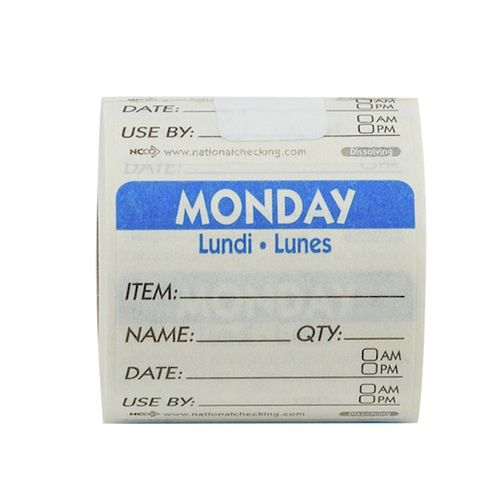 Ncco Trilingual Dissolvable Labels Monday 2"X2" Item-Date-Use By, 250 Each