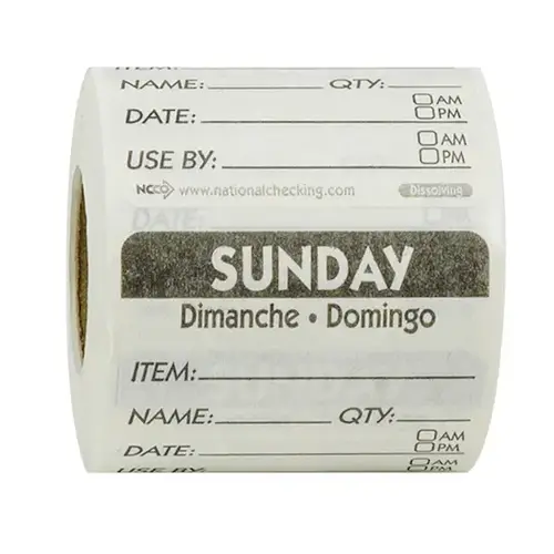 Ncco Trilingual Dissolvable Labels Sunday 2"X2" Item-Date-Use By, 250 Each