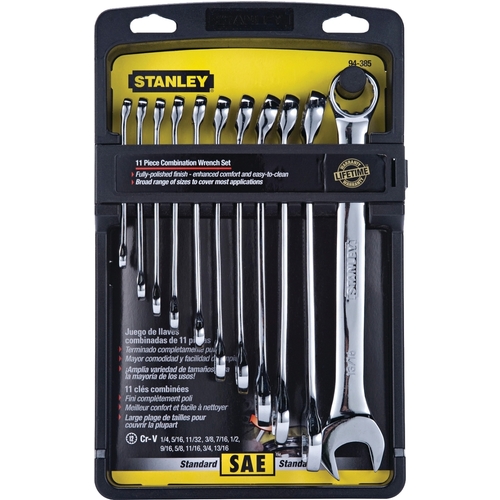 Wrench Set, 11-Piece, Steel, Polished Chrome, Specifications: SAE Measurement