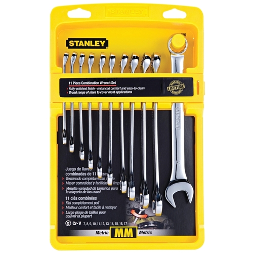 Wrench Set, 11-Piece, Steel, Polished Chrome, Specifications: Metric Measurement