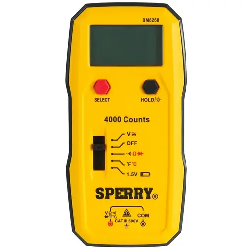 Multimeter, 4 V, 40 V, 400 V, 600 V (AC/DC), Backlit LCD, Digital Display, Yellow