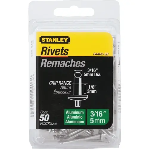 Stanley PAA62-5B Pop Rivet, Reusable, 1-1/2 in L, Aluminum Silver - pack of 50