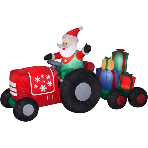 Inflatable Santa Tractor and Trailer, 5 ft H, Polyester, Green/Red/White
