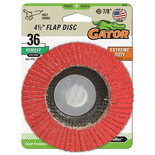 GATOR 9180 Abrasive Flap Disc, 36 Grit, Extra-Coarse, Zirconium Oxide Abrasive, Fiberglass Backing, 7/8 in