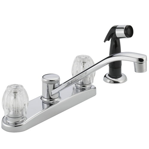 Delta P225LF Kitchen Faucet with Side Sprayer, 1.8 gpm, 2-Faucet Handle, Chrome Plated, Deck, Knob Handle, Swivel Spout
