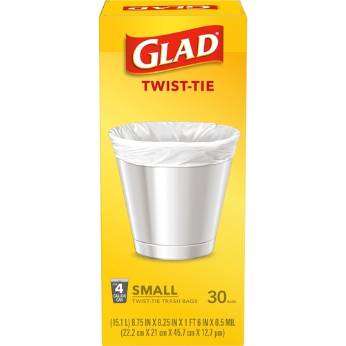 GLAD 78817 Trash Bag, S, 4 gal, Plastic, White - pack of 30