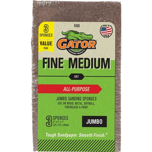 GATOR 4086 Sanding Sponge, 5 in L, 3 in W, Fine, Medium, Aluminum Oxide Abrasive - pack of 3
