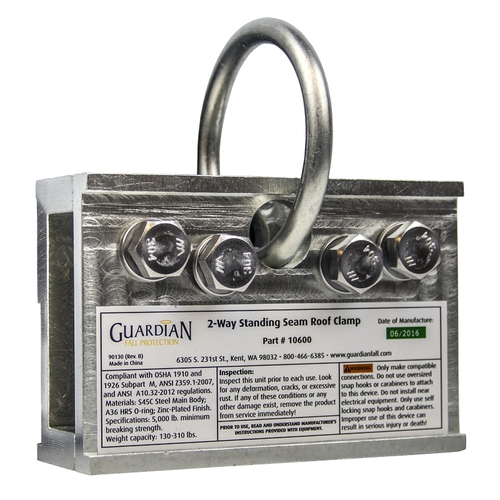 GUARDIAN FALL PROTECTION 10600 2-Way Universal Standing Seam Roof Clamp, Galvanized Steel
