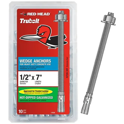 Red Head 12029 Concrete Wedge Anchor, 1/2 in Dia, 7 in L, Steel, Hot-Dipped Galvanized Silver - pack of 10