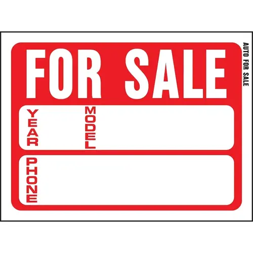Sign, For Sale (Auto), White Legend, Plastic, 12 in W x 8-1/2 in H Dimensions - pack of 10